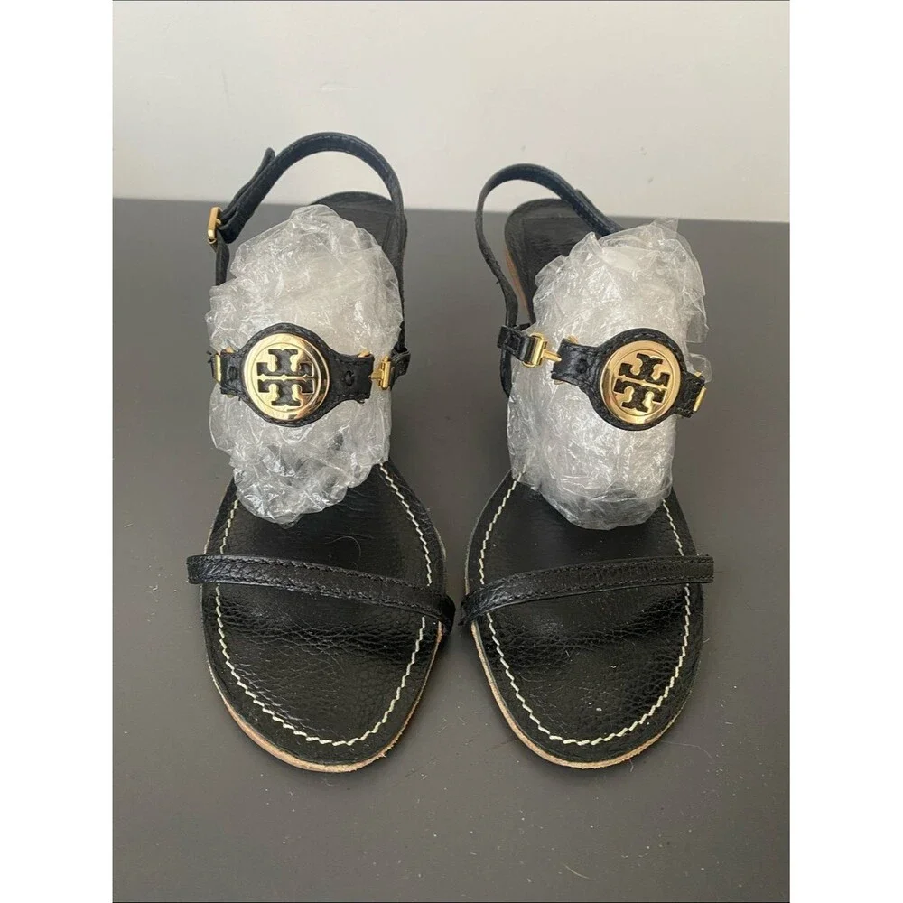 Tory Burch Mira sandals black tumbled leather signature Gold Logo Medallion 9.5